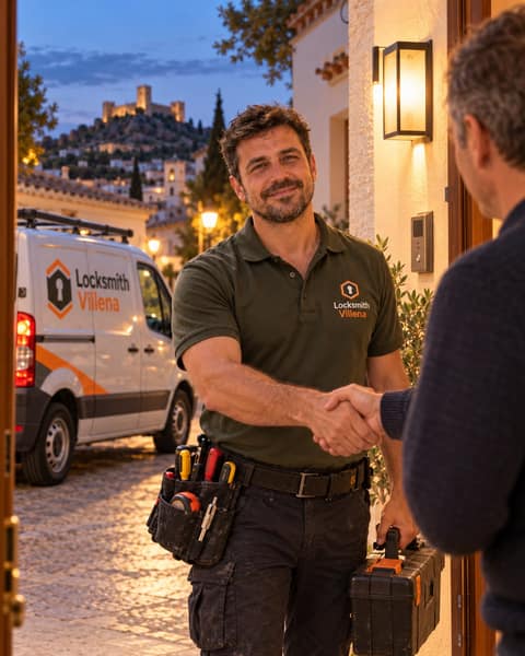 At dusk, a man in a dark jumper greets a locksmith outside a white house, a van parked on the cobbles behind