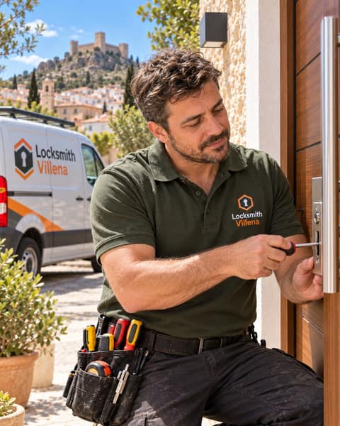 A locksmith crouched at a wooden front door, turning a screwdriver in the lock plate beside a long steel handle